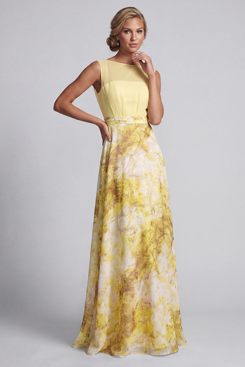 Load image into Gallery viewer, Floral A Line Long Butter Yellow Bateau Neck Printed Mother of the Bride Dress