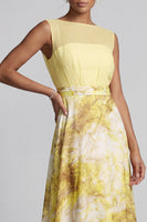 Load image into Gallery viewer, Floral A Line Long Butter Yellow Bateau Neck Printed Mother of the Bride Dress