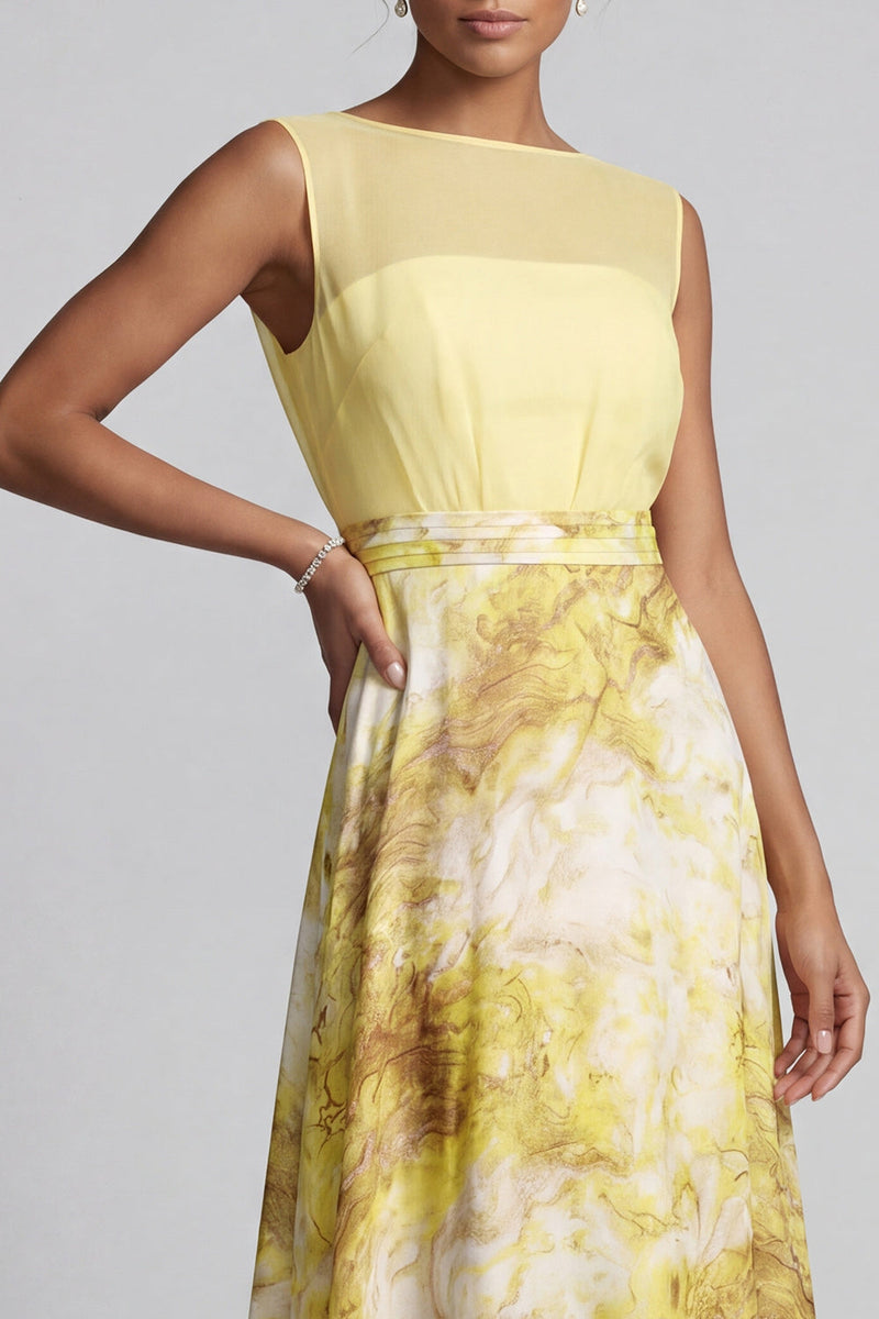 Load image into Gallery viewer, Floral A Line Long Butter Yellow Bateau Neck Printed Mother of the Bride Dress