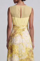 Load image into Gallery viewer, Floral A Line Long Butter Yellow Bateau Neck Printed Mother of the Bride Dress