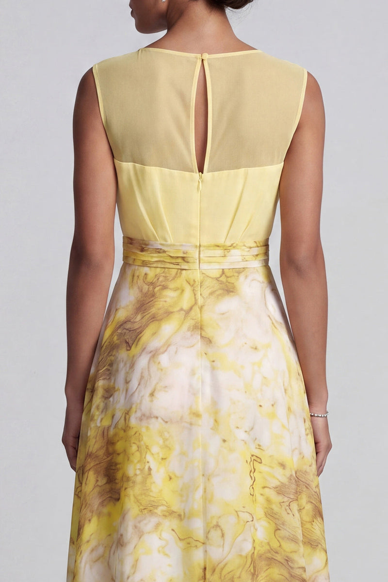 Load image into Gallery viewer, Floral A Line Long Butter Yellow Bateau Neck Printed Mother of the Bride Dress