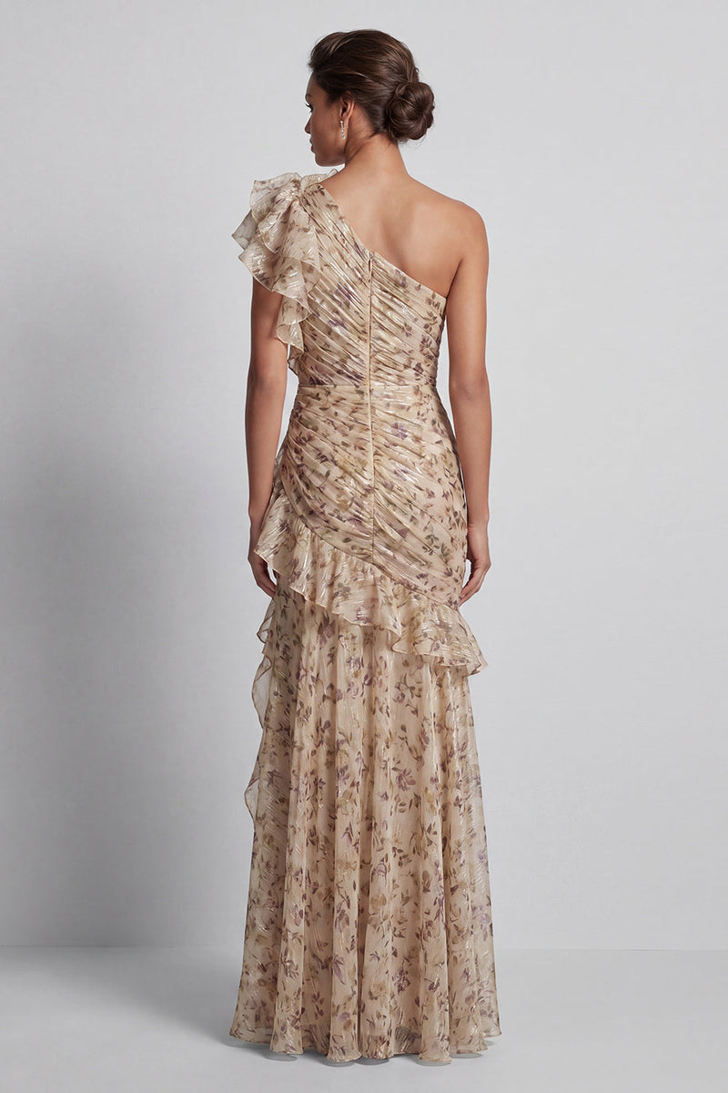Load image into Gallery viewer, Champagne Long Floral Ruffled Mermaid Mother of the Bride Dress with Slit