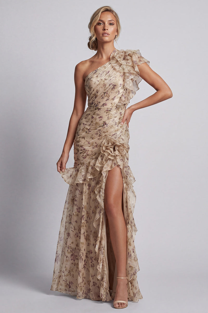 Load image into Gallery viewer, Champagne Long Floral Ruffled Mermaid Mother of the Bride Dress with Slit