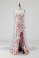 Load image into Gallery viewer, Floral Light Purple Mermaid Long Strapless Mother of the Bride Dress with Slit