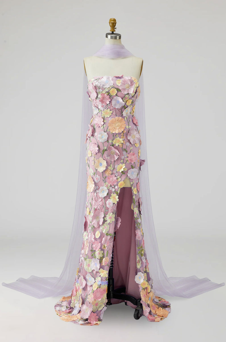 Load image into Gallery viewer, Floral Light Purple Mermaid Long Strapless Mother of the Bride Dress with Slit