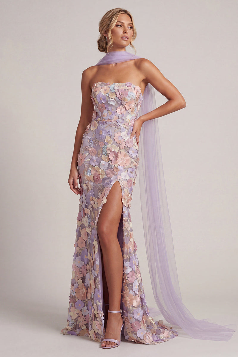 Load image into Gallery viewer, Floral Light Purple Mermaid Long Strapless Mother of the Bride Dress with Slit