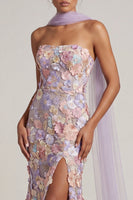 Load image into Gallery viewer, Floral Light Purple Mermaid Long Strapless Mother of the Bride Dress with Slit