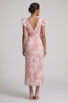 Sparkly Blush Long V-Neck Beaded Sheath Mother of the Bride Dress with Ruffles