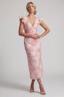 Load image into Gallery viewer, Sparkly Blush Long V-Neck Beaded Sheath Mother of the Bride Dress with Ruffles