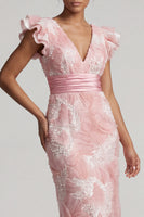 Load image into Gallery viewer, Sparkly Blush Long V-Neck Beaded Sheath Mother of the Bride Dress with Ruffles
