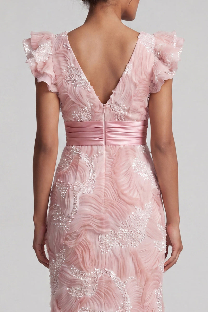Load image into Gallery viewer, Sparkly Blush Long V-Neck Beaded Sheath Mother of the Bride Dress with Ruffles