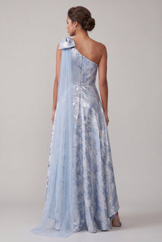 A Line Floral Sky Blue High Low Mother of the Bride Dress with Bow