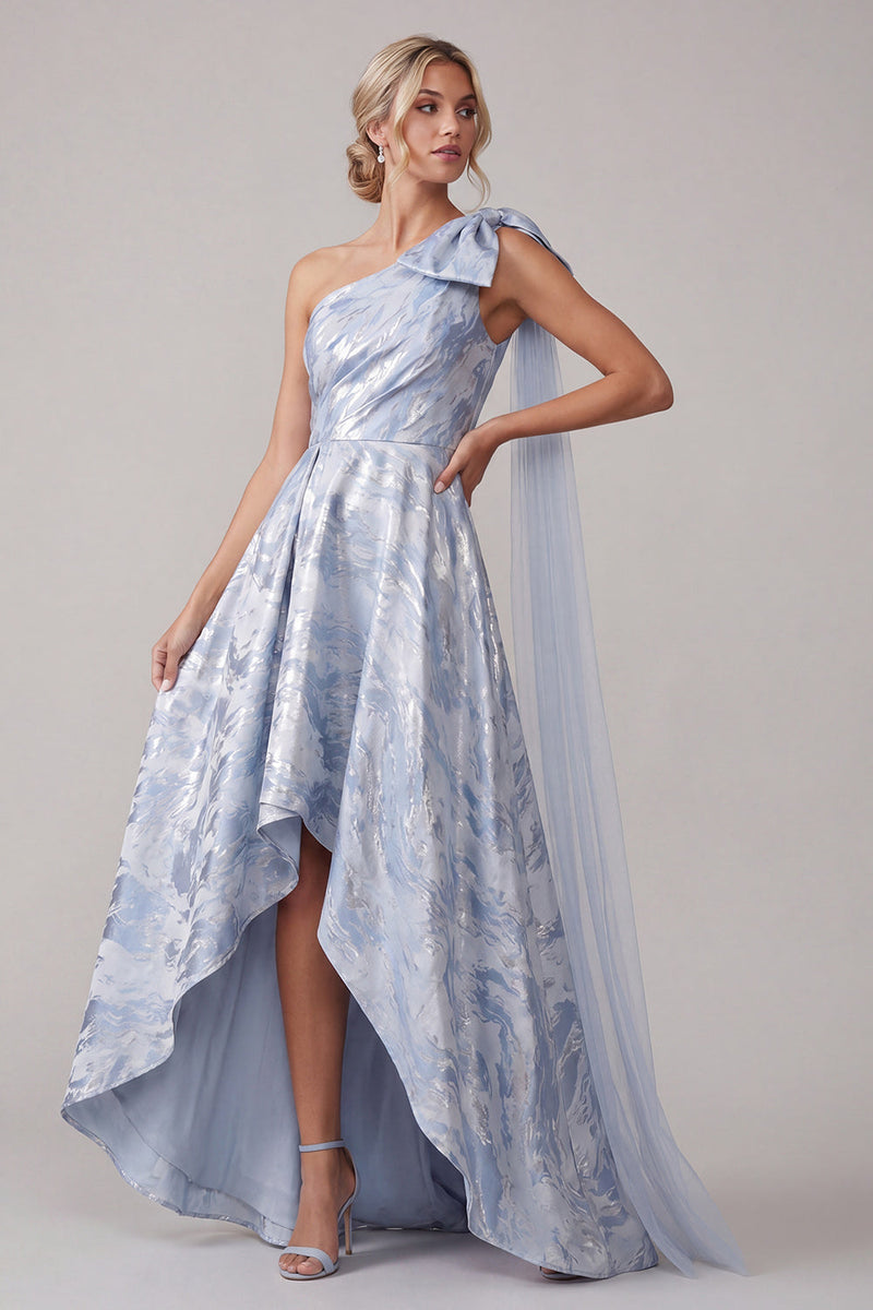 Load image into Gallery viewer, A Line Floral Sky Blue High Low Mother of the Bride Dress with Bow