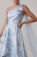 Load image into Gallery viewer, A Line Floral Sky Blue High Low Mother of the Bride Dress with Bow