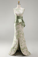 Load image into Gallery viewer, Mermaid Light Green Floral Long Ruched Mother of the Bride Dress with Sash