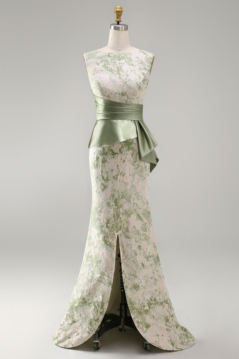 Load image into Gallery viewer, Mermaid Light Green Floral Long Ruched Mother of the Bride Dress with Sash