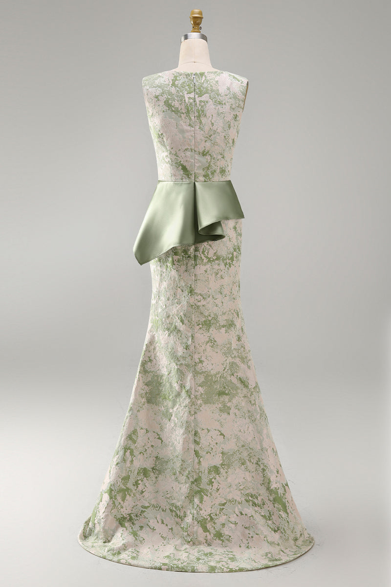Load image into Gallery viewer, Mermaid Light Green Floral Long Ruched Mother of the Bride Dress with Sash