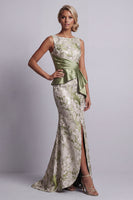 Load image into Gallery viewer, Mermaid Light Green Floral Long Ruched Mother of the Bride Dress with Sash