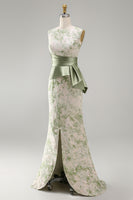 Load image into Gallery viewer, Mermaid Light Green Floral Long Ruched Mother of the Bride Dress with Sash