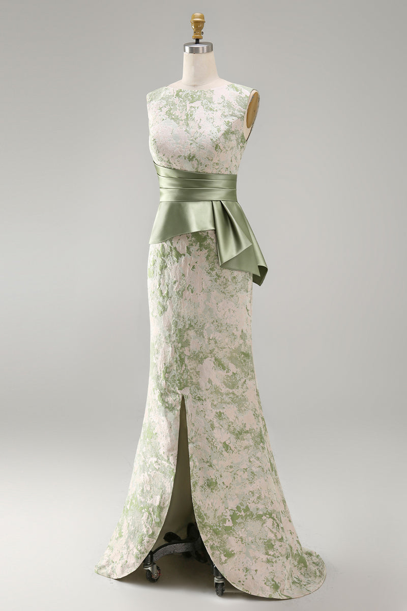 Load image into Gallery viewer, Mermaid Light Green Floral Long Ruched Mother of the Bride Dress with Sash