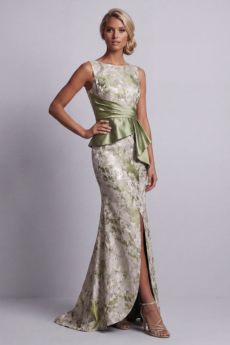 Load image into Gallery viewer, Mermaid Light Green Floral Long Ruched Mother of the Bride Dress with Sash