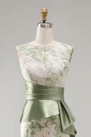 Load image into Gallery viewer, Mermaid Light Green Floral Long Ruched Mother of the Bride Dress with Sash