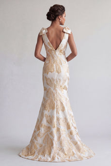 Sparkly Champagne Mermaid Long Floral Mother of the Bride Dress with Bows