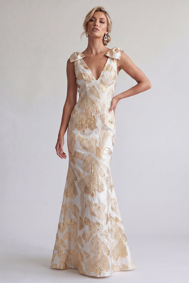 Load image into Gallery viewer, Sparkly Champagne Mermaid Long Floral Mother of the Bride Dress with Bows