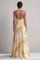 Load image into Gallery viewer, Halter A Line Long Floral Butter Yellow Printed Mother of the Bride Dress with Slit