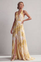 Load image into Gallery viewer, Halter A Line Long Floral Butter Yellow Printed Mother of the Bride Dress with Slit