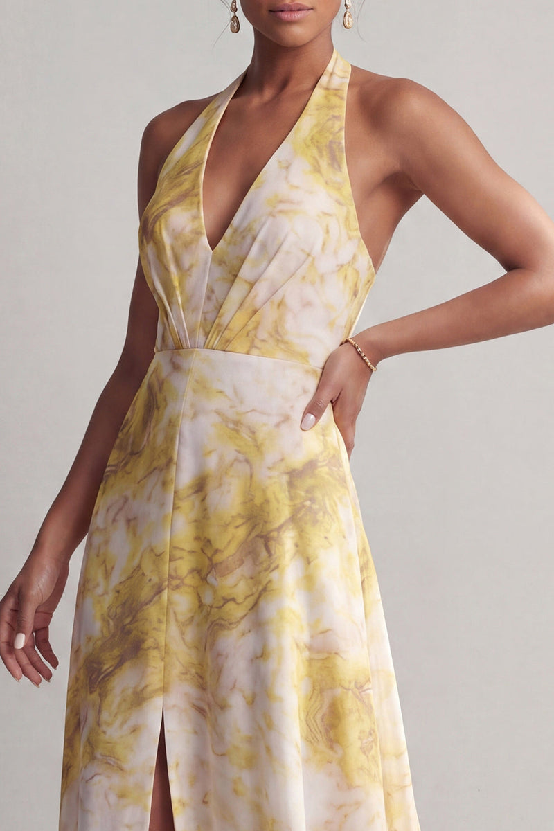 Load image into Gallery viewer, Halter A Line Long Floral Butter Yellow Printed Mother of the Bride Dress with Slit