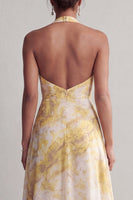 Load image into Gallery viewer, Halter A Line Long Floral Butter Yellow Printed Mother of the Bride Dress with Slit