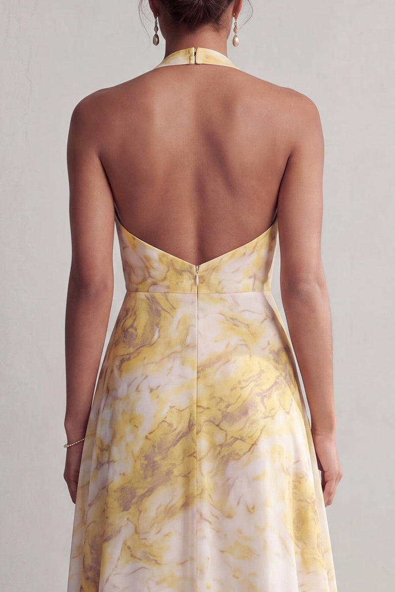 Load image into Gallery viewer, Halter A Line Long Floral Butter Yellow Printed Mother of the Bride Dress with Slit