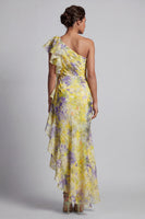 Load image into Gallery viewer, Mermaid Butter Yellow Floral Long Printed Mother of the Bride Dress with Ruffles