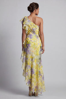 Mermaid Butter Yellow Floral Long Printed Mother of the Bride Dress with Ruffles