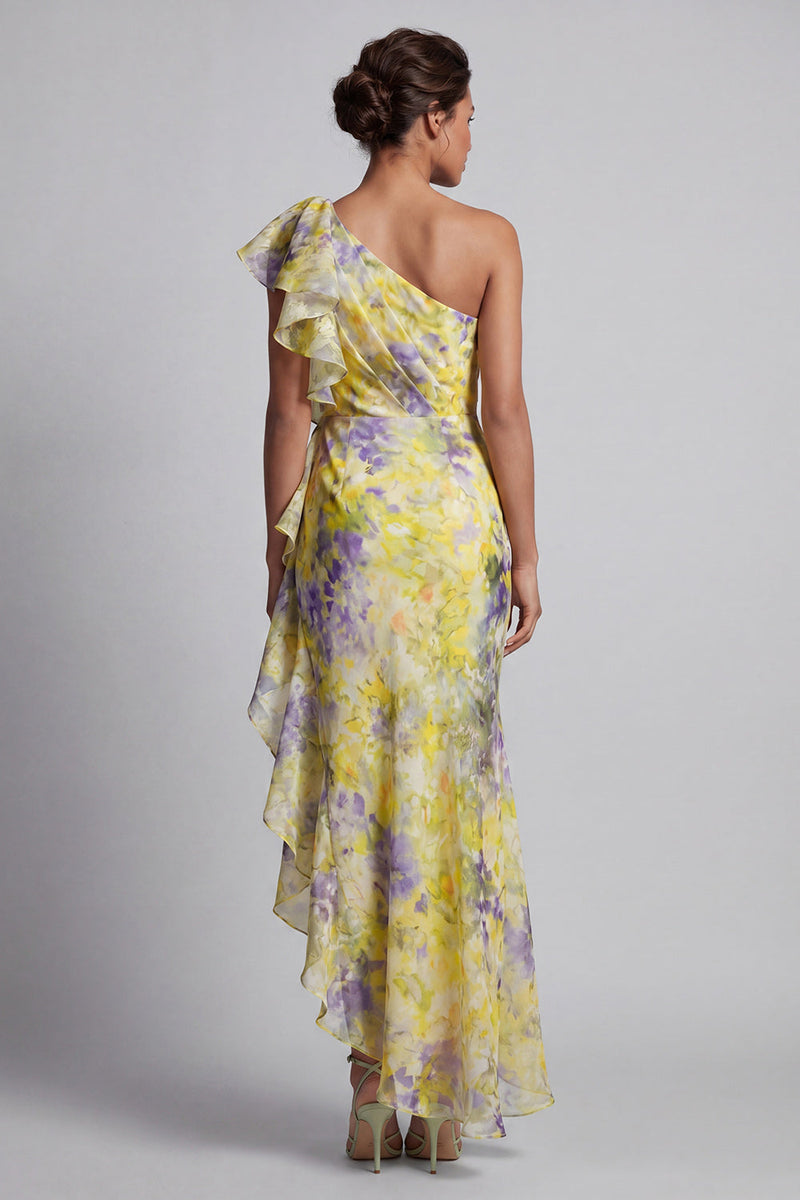 Load image into Gallery viewer, Mermaid Butter Yellow Floral Long Printed Mother of the Bride Dress with Ruffles