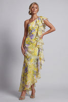 Load image into Gallery viewer, Mermaid Butter Yellow Floral Long Printed Mother of the Bride Dress with Ruffles