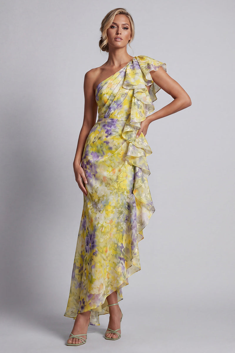 Load image into Gallery viewer, Mermaid Butter Yellow Floral Long Printed Mother of the Bride Dress with Ruffles