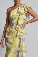 Load image into Gallery viewer, Mermaid Butter Yellow Floral Long Printed Mother of the Bride Dress with Ruffles