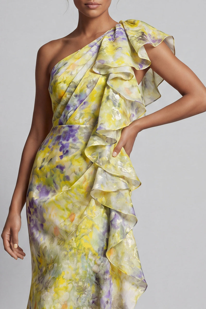 Load image into Gallery viewer, Mermaid Butter Yellow Floral Long Printed Mother of the Bride Dress with Ruffles