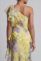 Load image into Gallery viewer, Mermaid Butter Yellow Floral Long Printed Mother of the Bride Dress with Ruffles