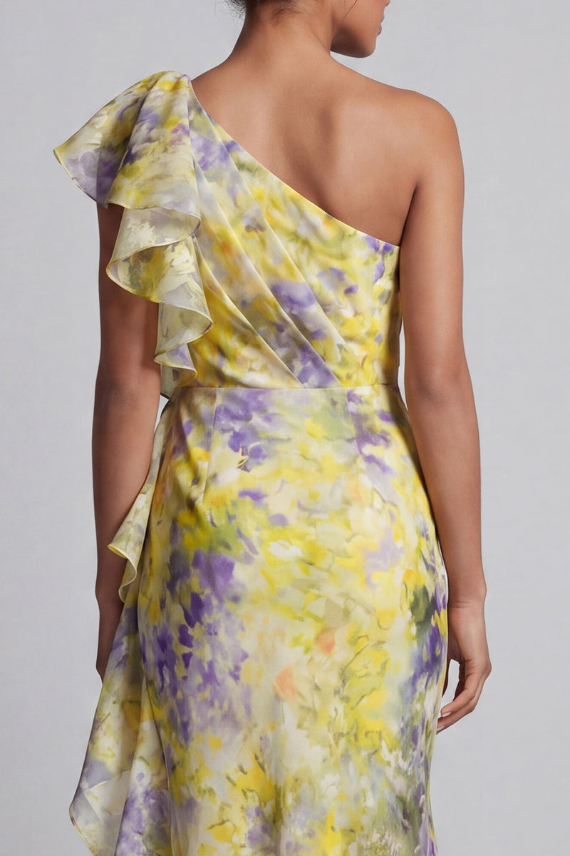 Load image into Gallery viewer, Mermaid Butter Yellow Floral Long Printed Mother of the Bride Dress with Ruffles