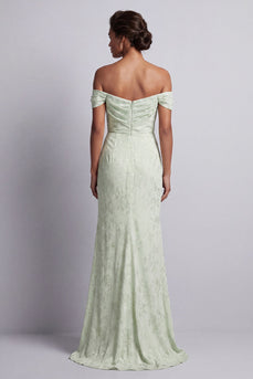 Ruched Long Mermaid Floral Light Green Mother of the Bride Dress with Slit