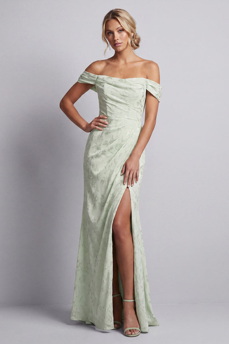 Load image into Gallery viewer, Ruched Long Mermaid Floral Light Green Mother of the Bride Dress with Slit