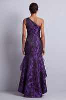 Load image into Gallery viewer, Mermaid Dark Purple Floral High Low Ruched Mother of the Bride Dress with Ruffles