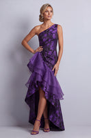 Load image into Gallery viewer, Mermaid Dark Purple Floral High Low Ruched Mother of the Bride Dress with Ruffles