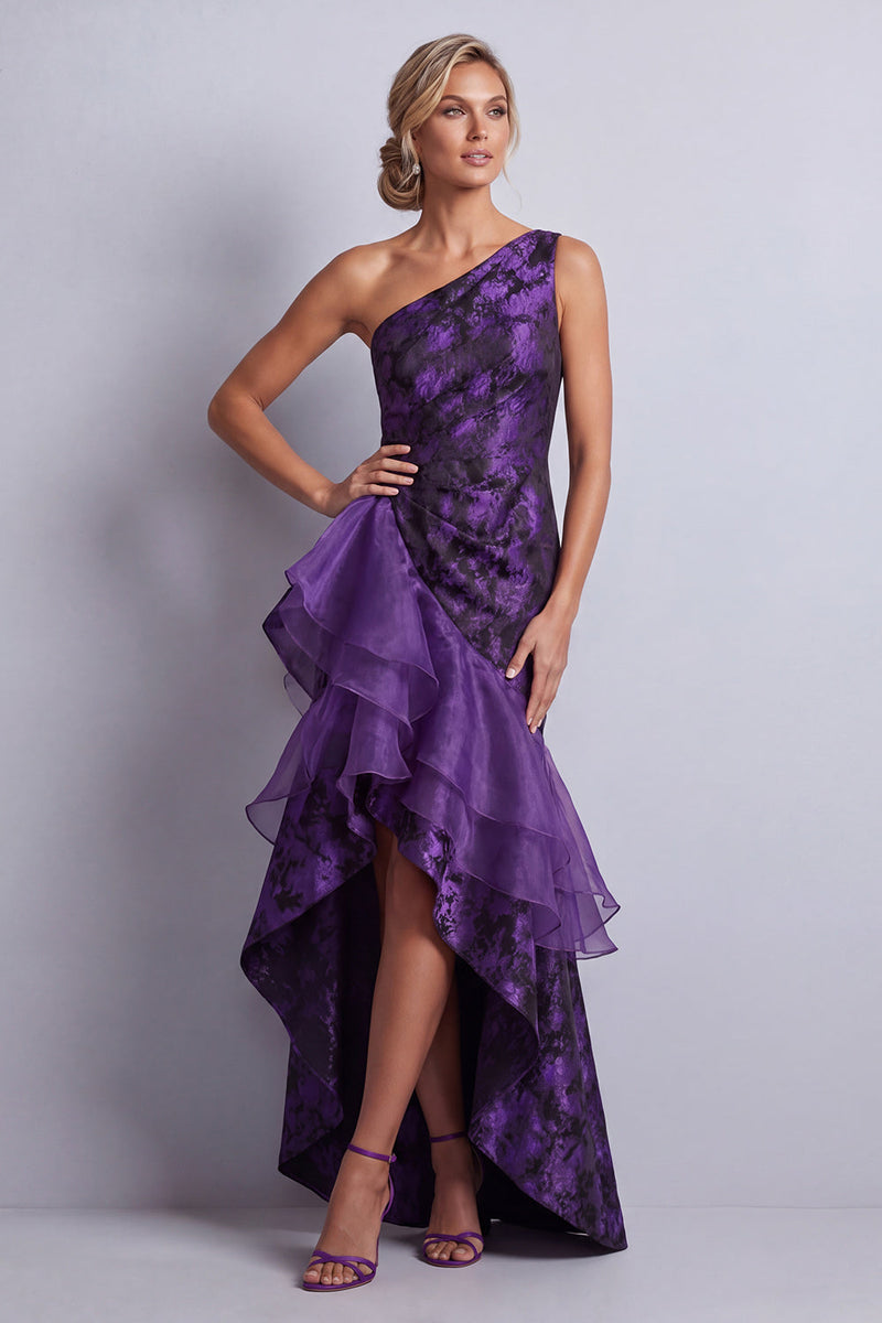Load image into Gallery viewer, Mermaid Dark Purple Floral High Low Ruched Mother of the Bride Dress with Ruffles