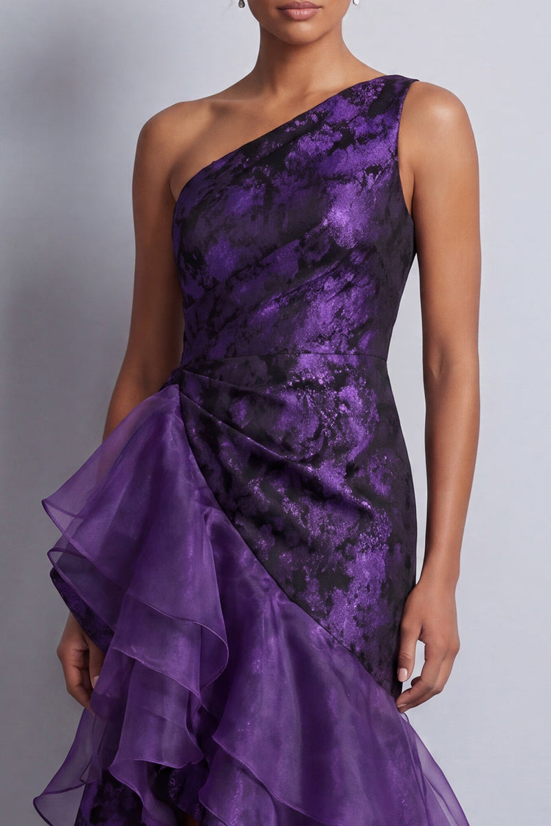 Load image into Gallery viewer, Mermaid Dark Purple Floral High Low Ruched Mother of the Bride Dress with Ruffles