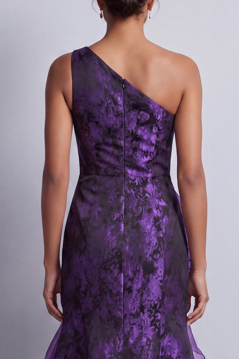 Load image into Gallery viewer, Mermaid Dark Purple Floral High Low Ruched Mother of the Bride Dress with Ruffles