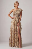 Load image into Gallery viewer, Champagne Long Floral A Line Ruffled Mother of the Bride Dress with Slit